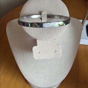Blue Green Abalone Shell Inlay Silver tone bangle bracelet.